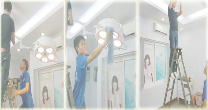 Kỹ sư Meditop đang lắp đèn mổ LED cường độ sáng > 100.000lux, tuổi thọ>30.000 giờ